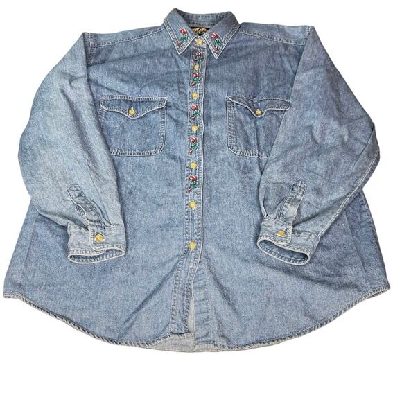 Vintage Christmas Women's sz Large/XL Denim Shirt Candy Cane Embroidery LS - Picture 1 of 7